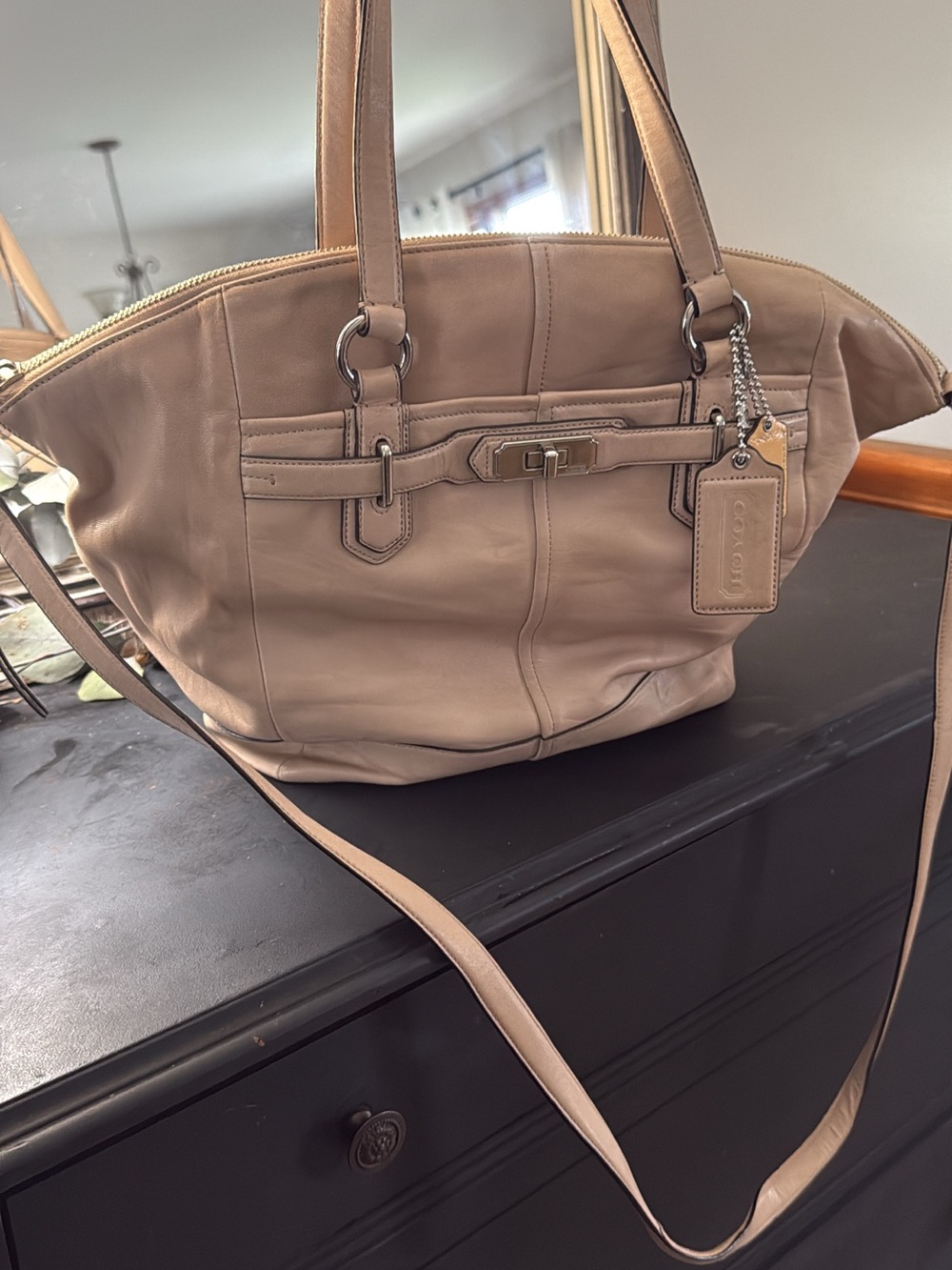 Coach Beige Leather Shoulder Tote with Tag Charm